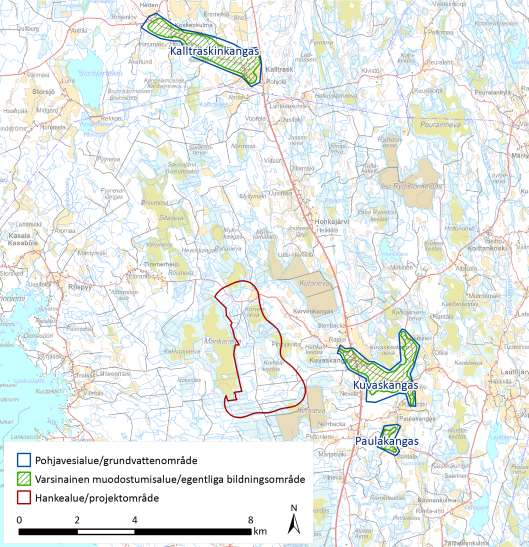 FCG SUUNNITTELU JA TEKNIIKKA OY Korvennevan tuulivoimapuisto 63 (265) Pohjavesialueet Korvennevan hankealueelle ei sijoitu pohjavesialueita.