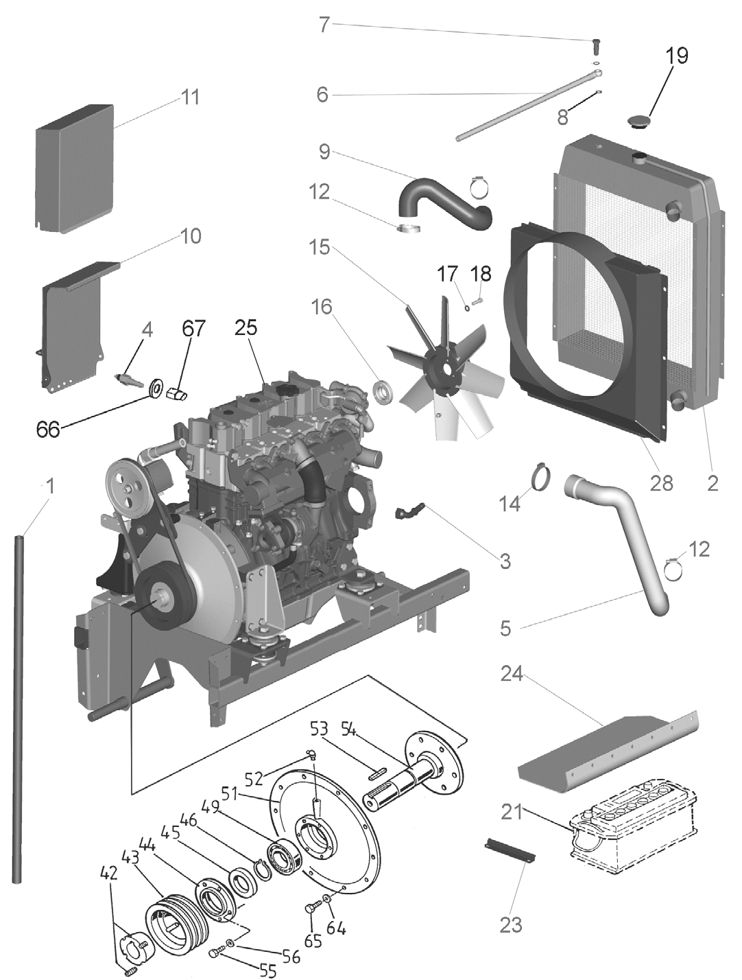 Moottori ja jäähdytin D754 Engine and cooler D754 16KD Motor och kylare D754 Двигатель и радиатор D754 1 R708288 1 Letku Slang Hose Шланг 2 0493629 1 Jäähdytin Kylare Cooler Охладитель 3 0629627 1