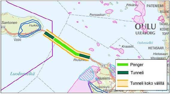 YVA menettelyssä karsitut vaihtoehdot Oulunsalosta pengertienä ja silloilla toteutettavan kiinteän yhteyden (VE 1) nykyisen lauttayhteyden eteläpuolella sijaitsevat linjausvaihtoehdot b - d