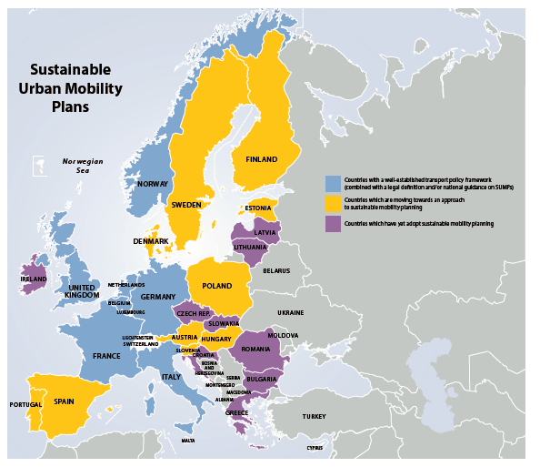 56 Kuva 22. Euroopan maiden jaottelu kolmeen luokkaan SUMP-tilanteen suhteen (Rupprecht Consult 2012 s.40).