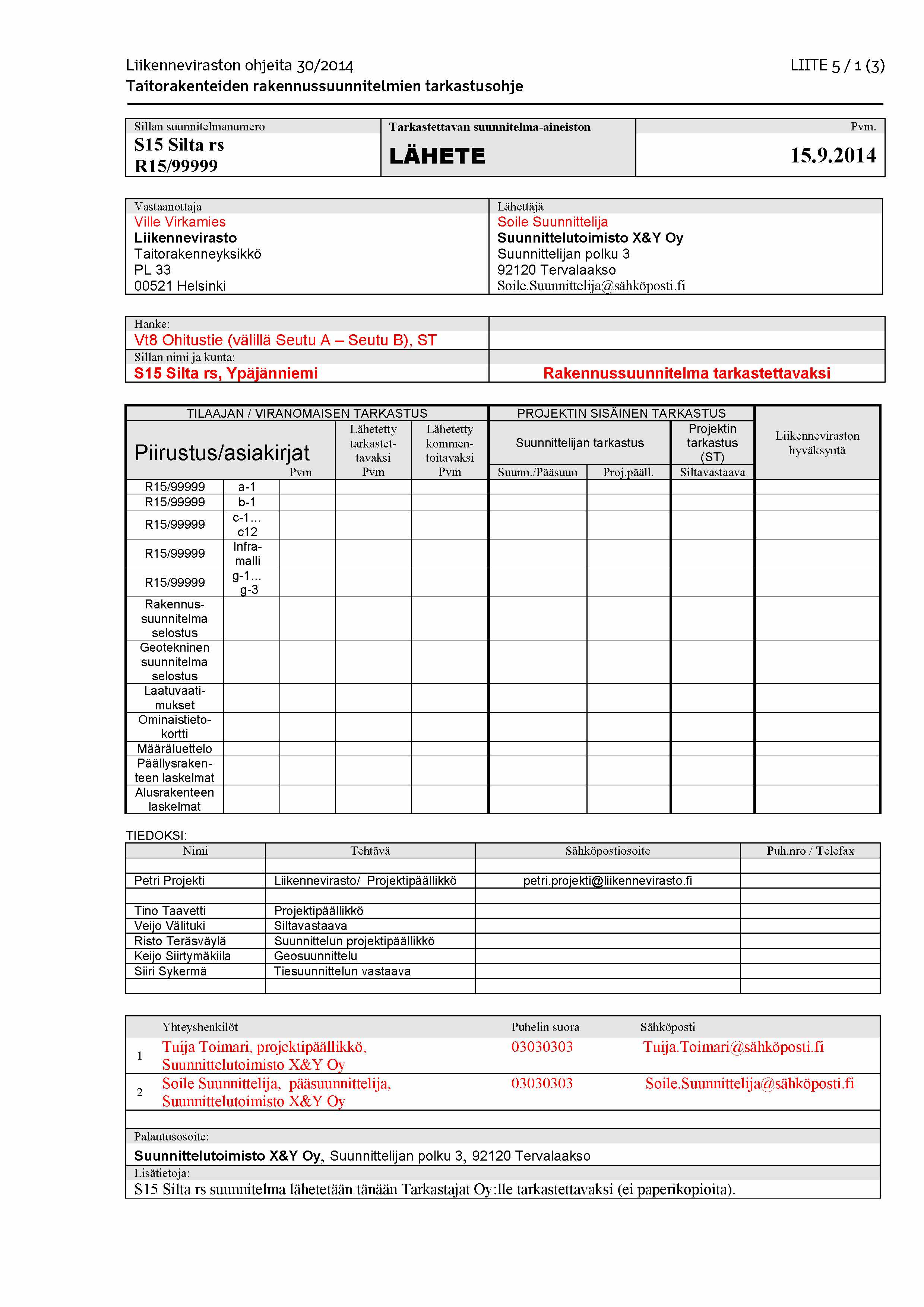 Liikenneviraston ohjeita 30/2014 LIITE 5 / 1 (3) Sillan suunnitelmanumero Tarkastettavan suunnitelma-aineiston Pvm. S15 Silta rs R15/99