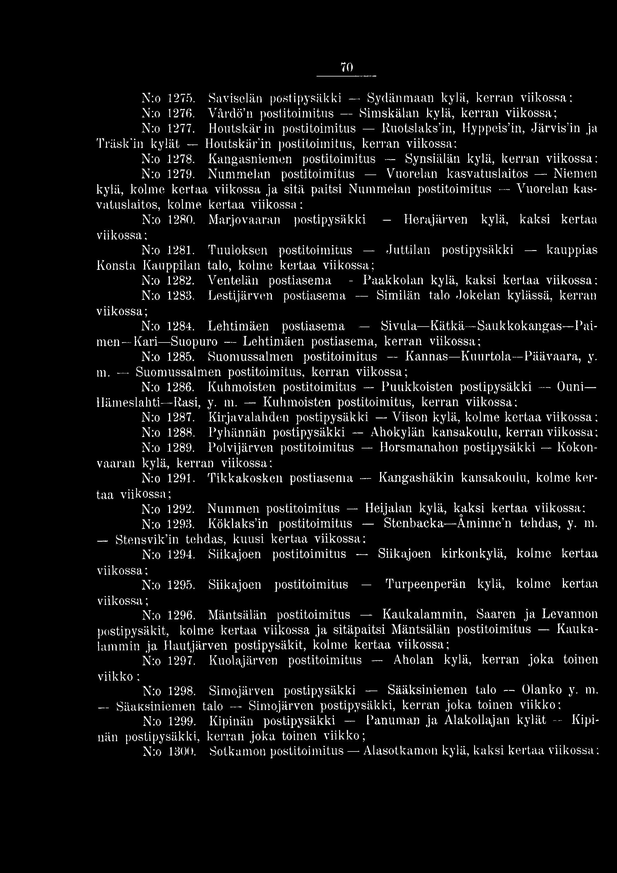 7 0 N:o 1275. Saviselän posti pysäkki Sydänmaan kylä, kerran viikossa: N:o 1276. Värdö n postitoimitus Simskälan kylä, kerran N:o 1277.