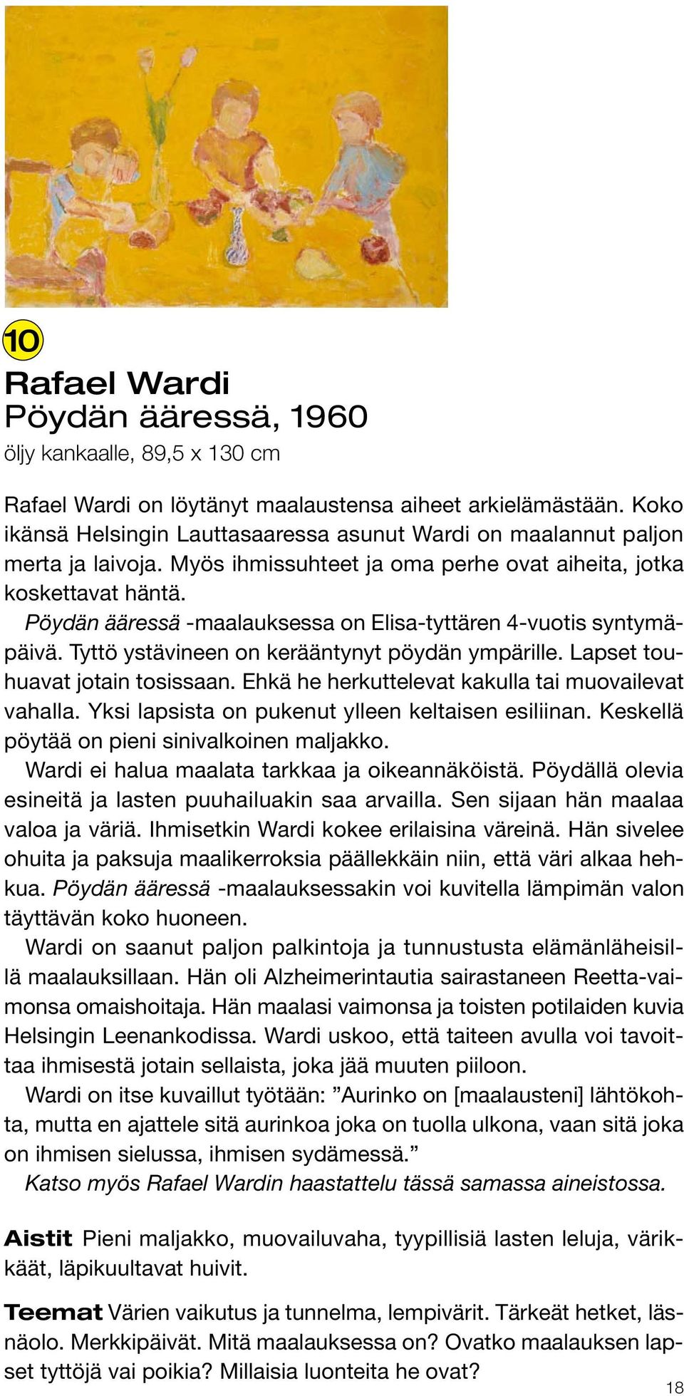 Pöydän ääressä -maalauksessa on Elisa-tyttären 4-vuotis syntymäpäivä. Tyttö ystävineen on kerääntynyt pöydän ympärille. Lapset touhuavat jotain tosissaan.