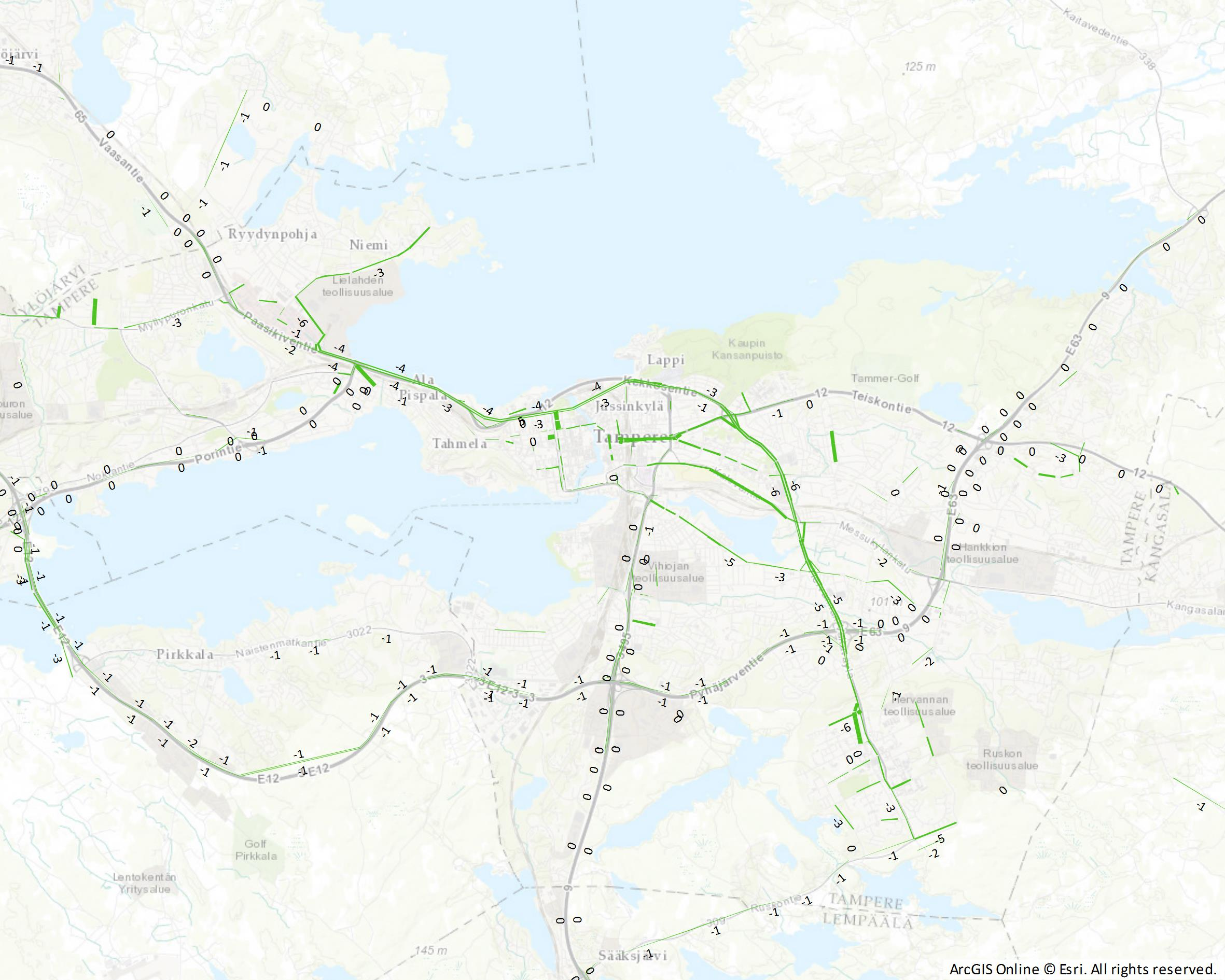 Kuva 19 PM 10 suhteellinen ero ratikka-bussi v. 2025 (prosenttimuutos).