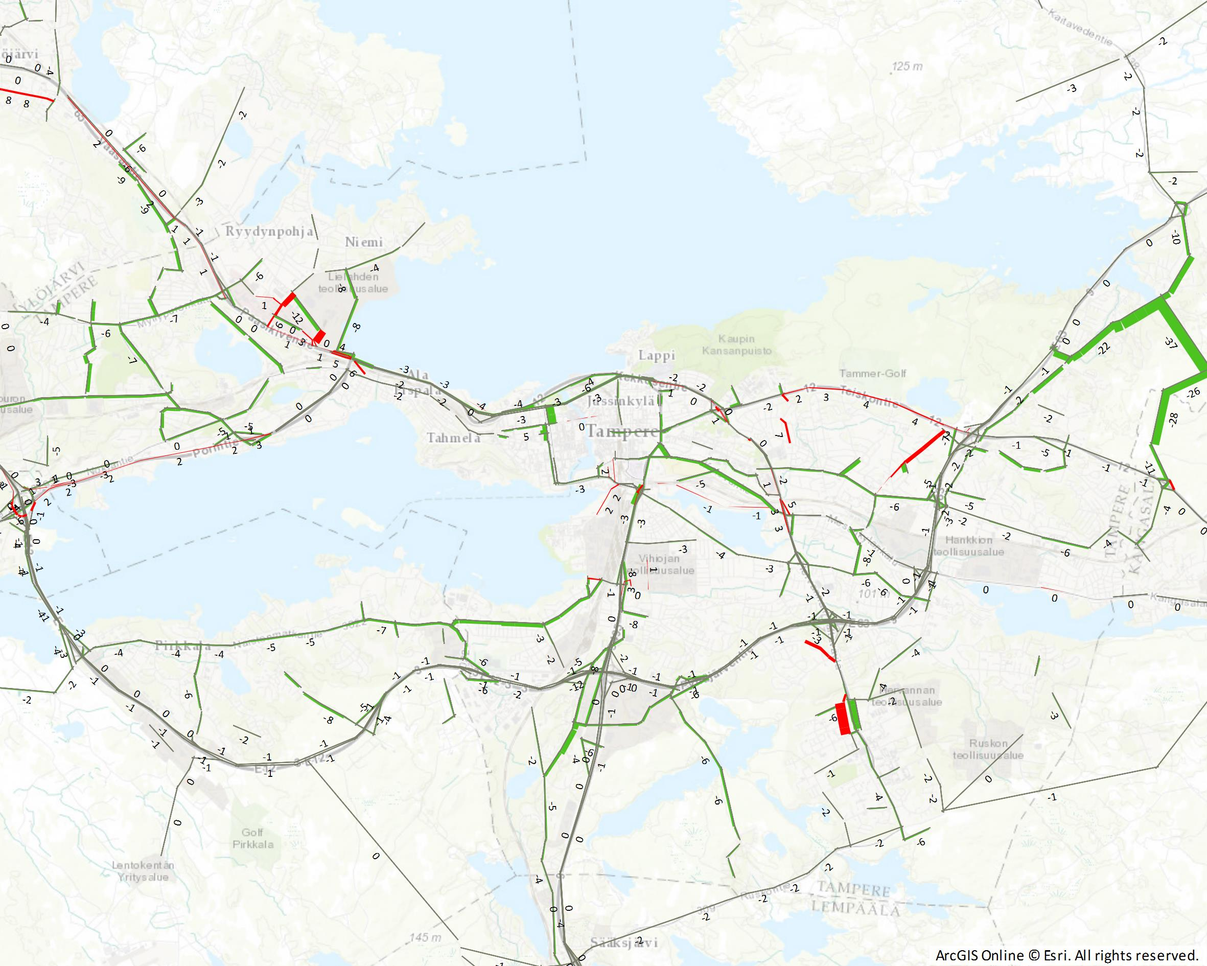 Kuva 23 PM 2,5 -päästöjen suhteellinen ero ratikka-bussi v.