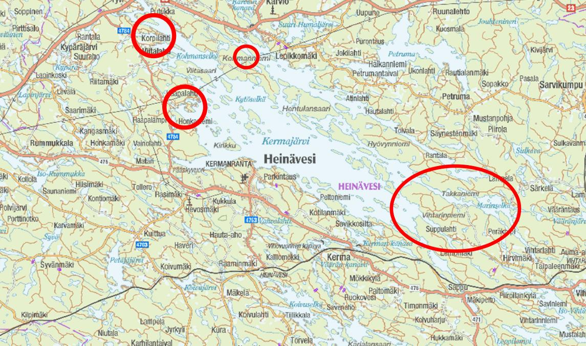 FCG Suunnittelu ja tekniikka Oy Kaavaselostus 2 ( 21 ) Kuva 1: Muutosalueiden likimääräinen sijainti on esitetty punaisilla ympyröillä. 1.3 Rantayleiskaavan toteuttaminen 2 Lähtökohdat Rantayleiskaavan muutosta voidaan alkaa toteuttaa välittömästi kaavan saatua lainvoiman.