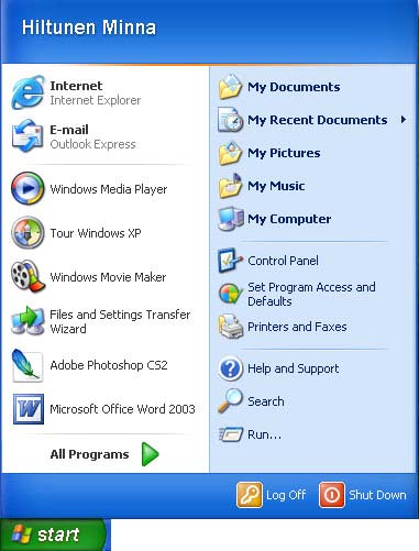 3 Käynnistä valikko (Start) Start (Käynnistä) valikosta löytyvät kaikki koneella olevat ohjelmat (All Programs valikon alla). Lisäksi valikon avulla pääset käsiksi ohjeisiin ja koneen asetuksiin.