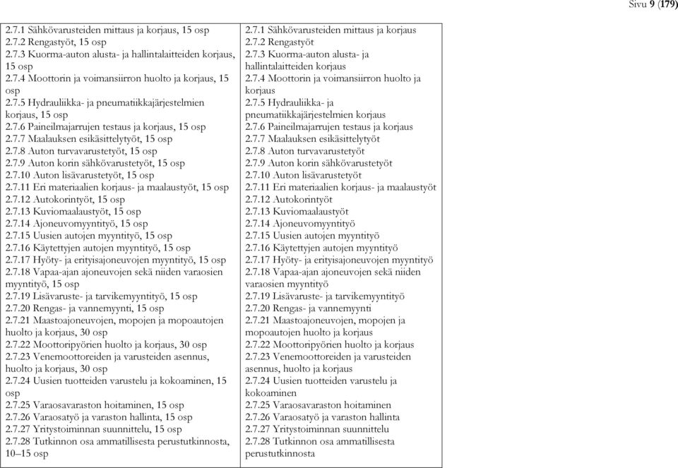 7.10 Auton lisävarustetyöt, 15 osp 2.7.11 Eri materiaalien korjaus- ja maalaustyöt, 15 osp 2.7.12 Autokorintyöt, 15 osp 2.7.13 Kuviomaalaustyöt, 15 osp 2.7.14 Ajoneuvomyyntityö, 15 osp 2.7.15 Uusien autojen myyntityö, 15 osp 2.