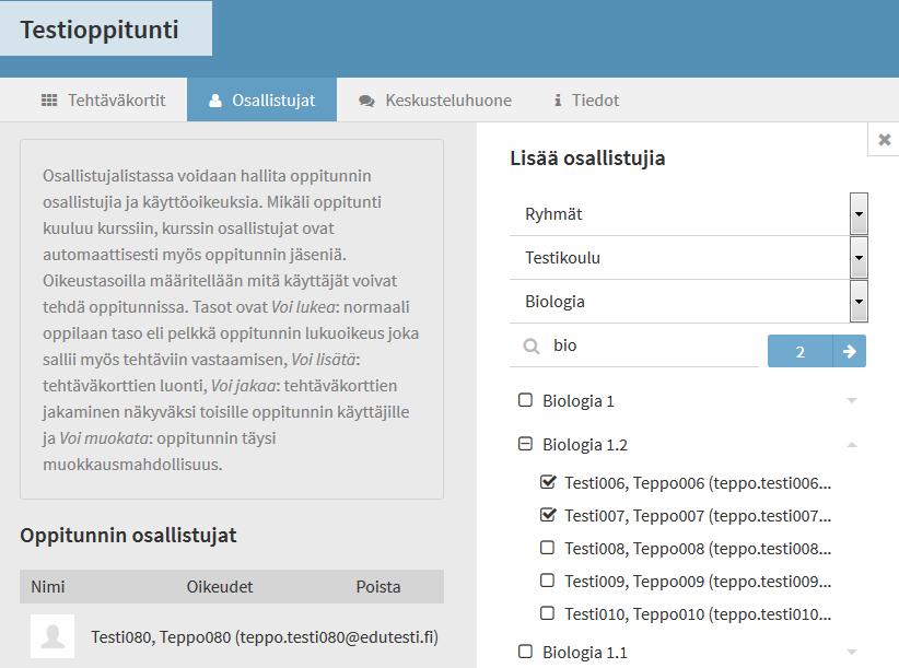 4.3 Oppitunti: Osallistujien lisääminen oppitunnille Jos oppitunti kuuluu kurssiin, kurssin osallistujat ovat automaattisesti myös oppitunnin osallistujia Osallistujia voi lisätä ja poistaa myös