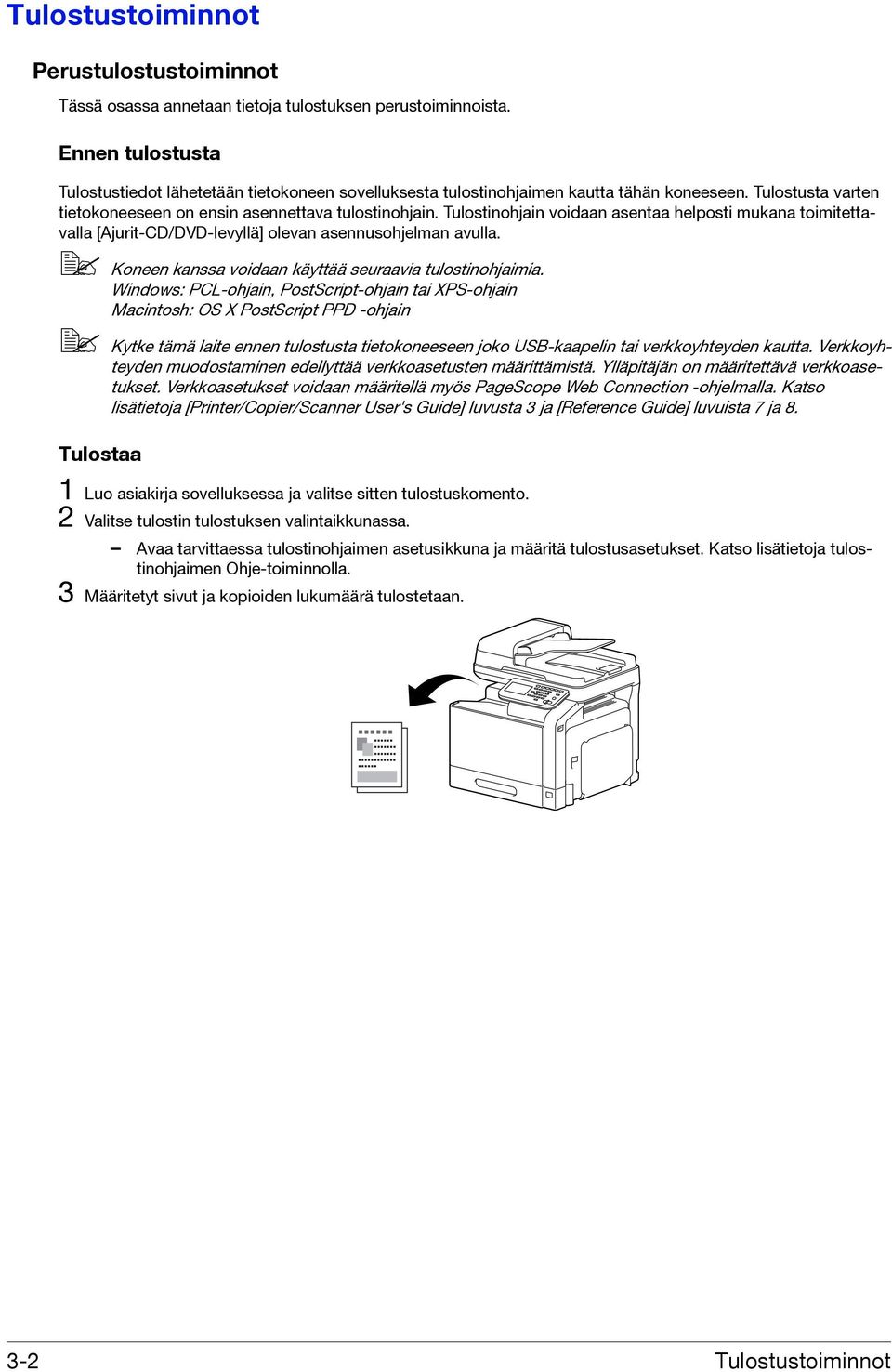 Tulostinohjain voidaan asentaa helposti mukana toimitettavalla [Ajurit-CD/DVD-levyllä] olevan asennusohjelman avulla. Koneen kanssa voidaan käyttää seuraavia tulostinohjaimia.