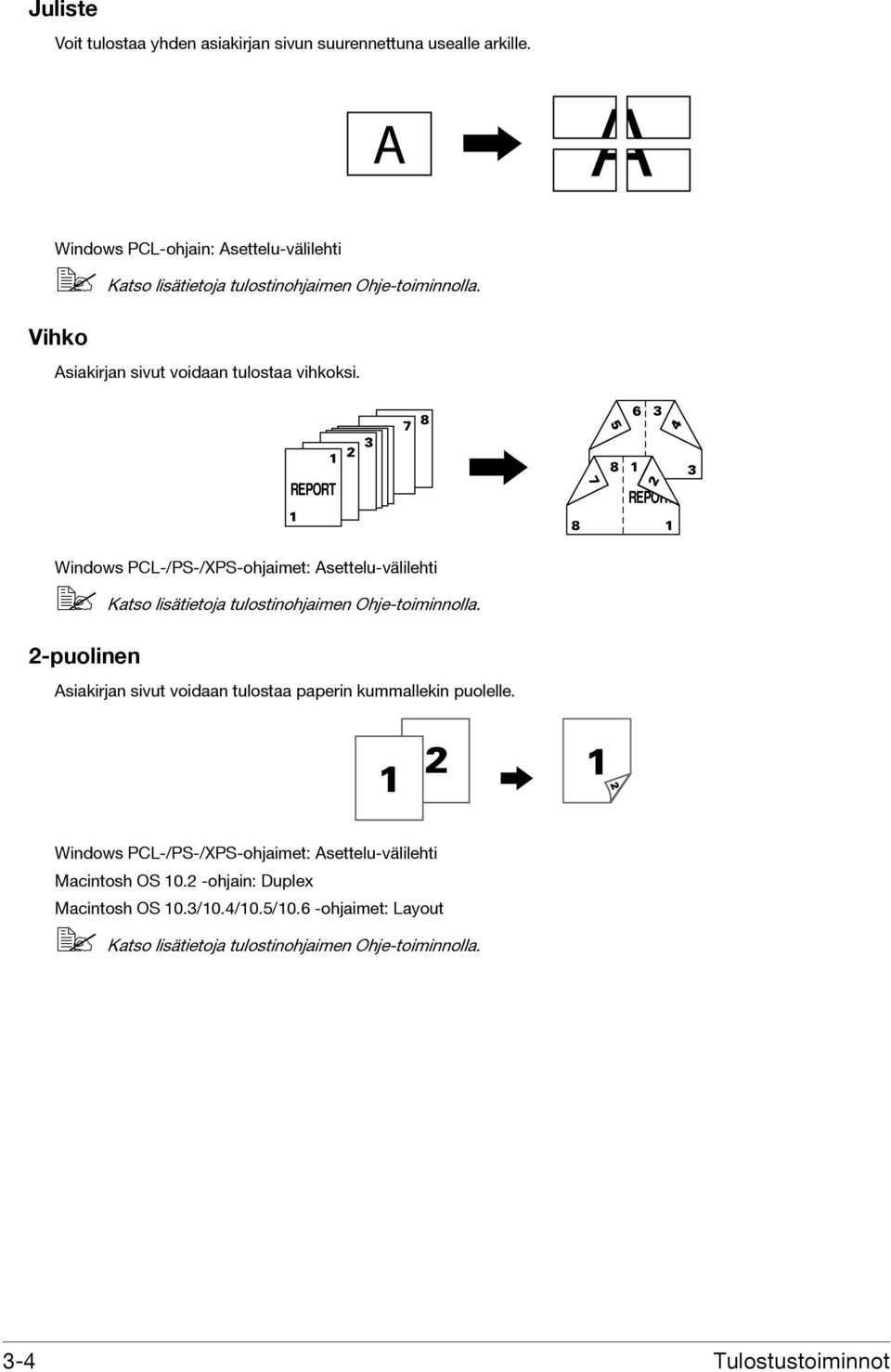 REPORT REPORT Windows PCL-/PS-/XPS-ohjaimet: Asettelu-välilehti Katso lisätietoja tulostinohjaimen Ohje-toiminnolla.