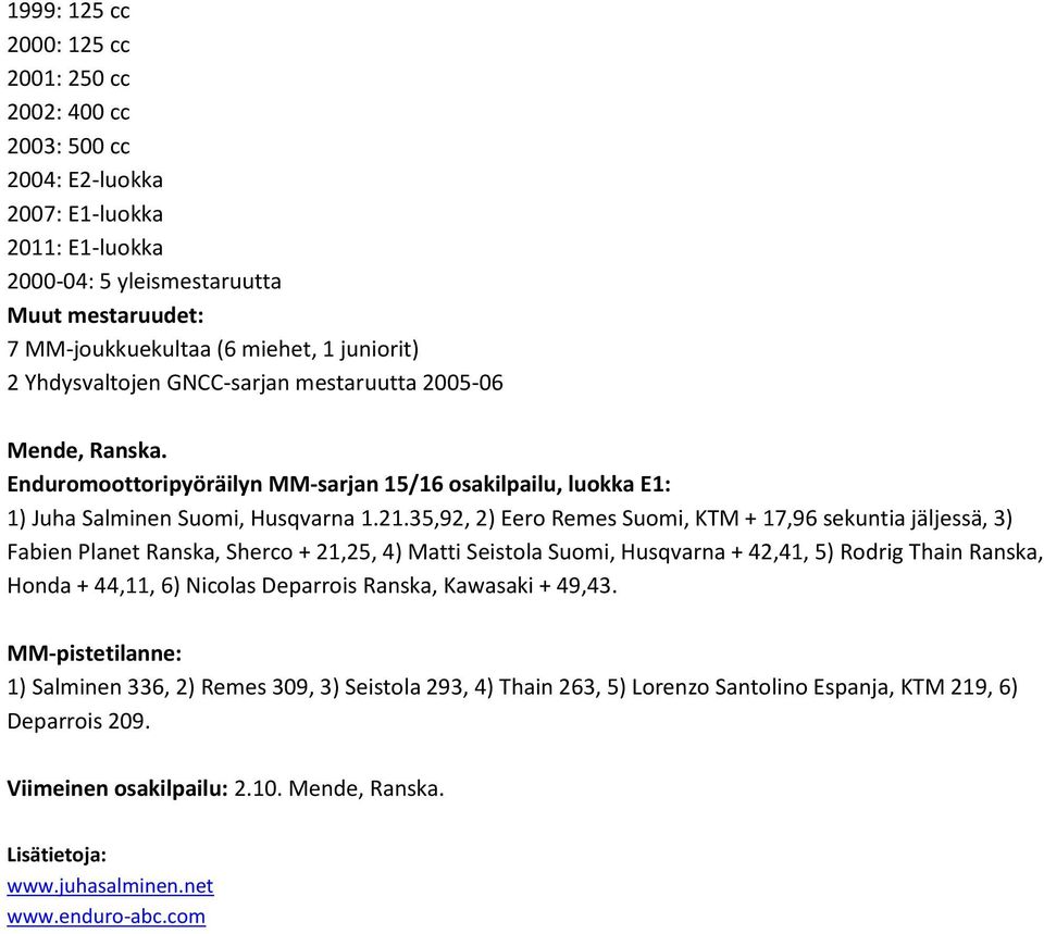 35,92, 2) Eero Remes Suomi, KTM + 17,96 sekuntia jäljessä, 3) Fabien Planet Ranska, Sherco + 21,25, 4) Matti Seistola Suomi, Husqvarna + 42,41, 5) Rodrig Thain Ranska, Honda + 44,11, 6) Nicolas
