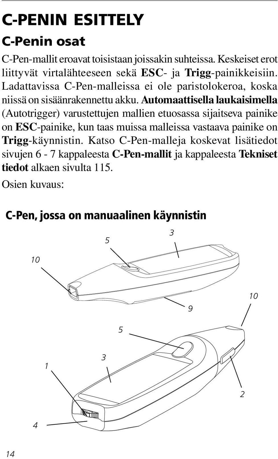 Automaattisella laukaisimella (Autotrigger) varustettujen mallien etuosassa sijaitseva painike on ESC-painike, kun taas muissa malleissa vastaava painike on