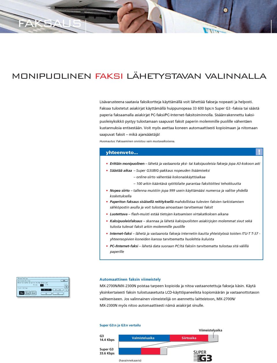 Sisäänrakennettu kaksipuoleisyksikkö pystyy tulostamaan saapuvat faksit paperin molemmille puolille vähentäen kustannuksia entisestään.