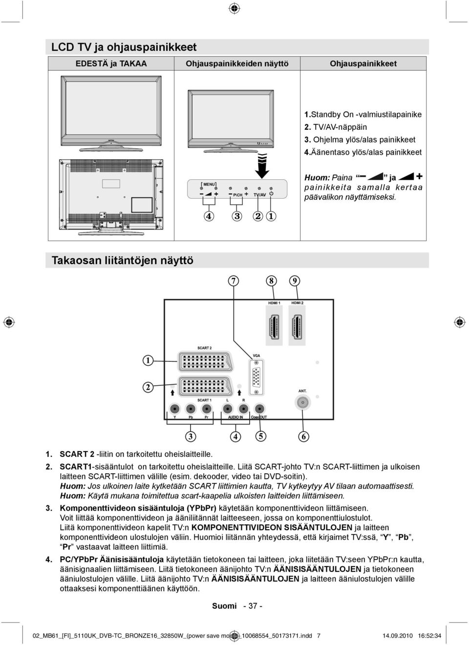 Liitä SCART-johto TV:n SCART-liittimen ja ulkoisen laitteen SCART-liittimen välille (esim. dekooder, video tai DVD-soitin).