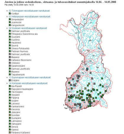 Hydrologiset varoitukset Automaattivaroitukset korkeista vedenkorkeuksista, suurista virtaamista, sateista ja lumikuormista Perustuvat ennusteisiin ja reaaliaikaisiin havaintoihin Toimitetaan