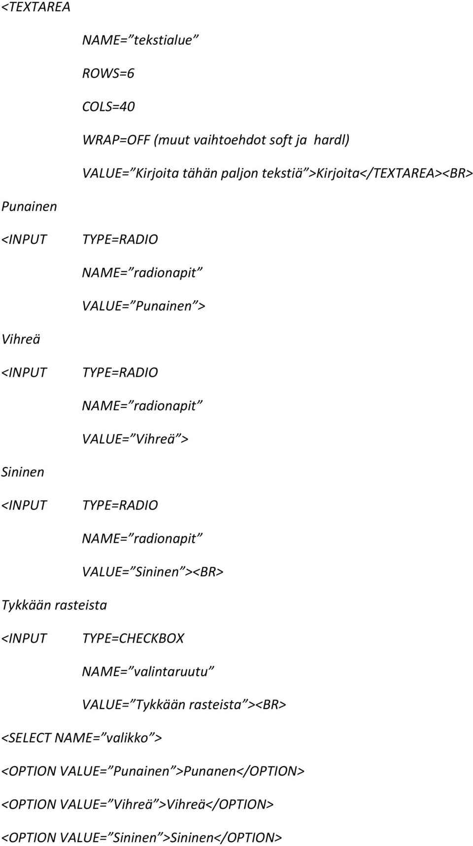 Vihreä > Sininen <INPUT TYPE=RADIO Tykkään rasteista NAME= radionapit VALUE= Sininen ><BR> <INPUT TYPE=CHECKBOX NAME= valintaruutu VALUE=