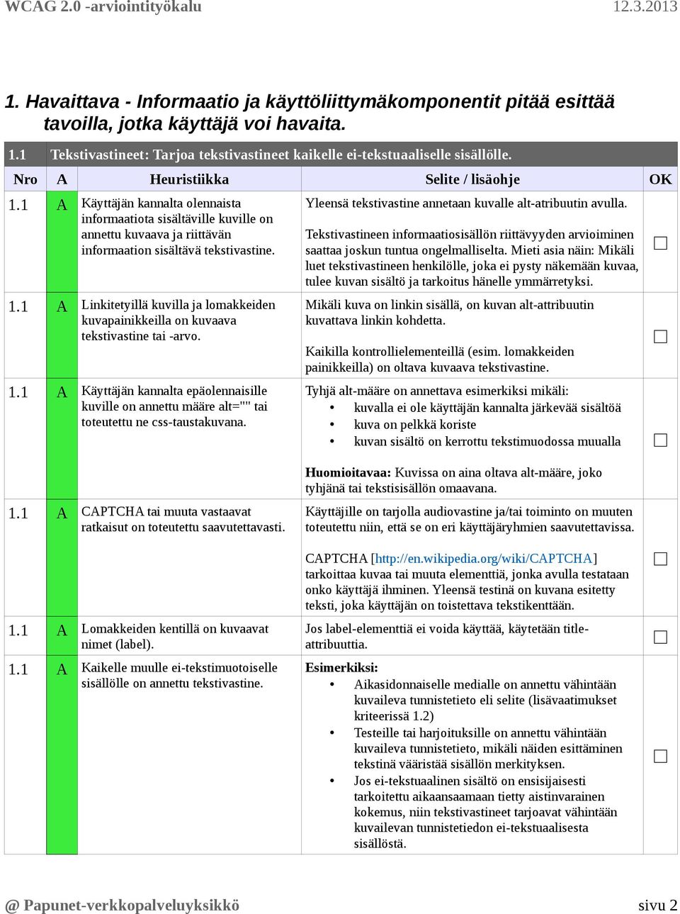 1.1 A Käyttäjän kannalta epäolennaisille kuville on annettu määre alt="" tai toteutettu ne css-taustakuvana. Yleensä tekstivastine annetaan kuvalle alt-atribuutin avulla.