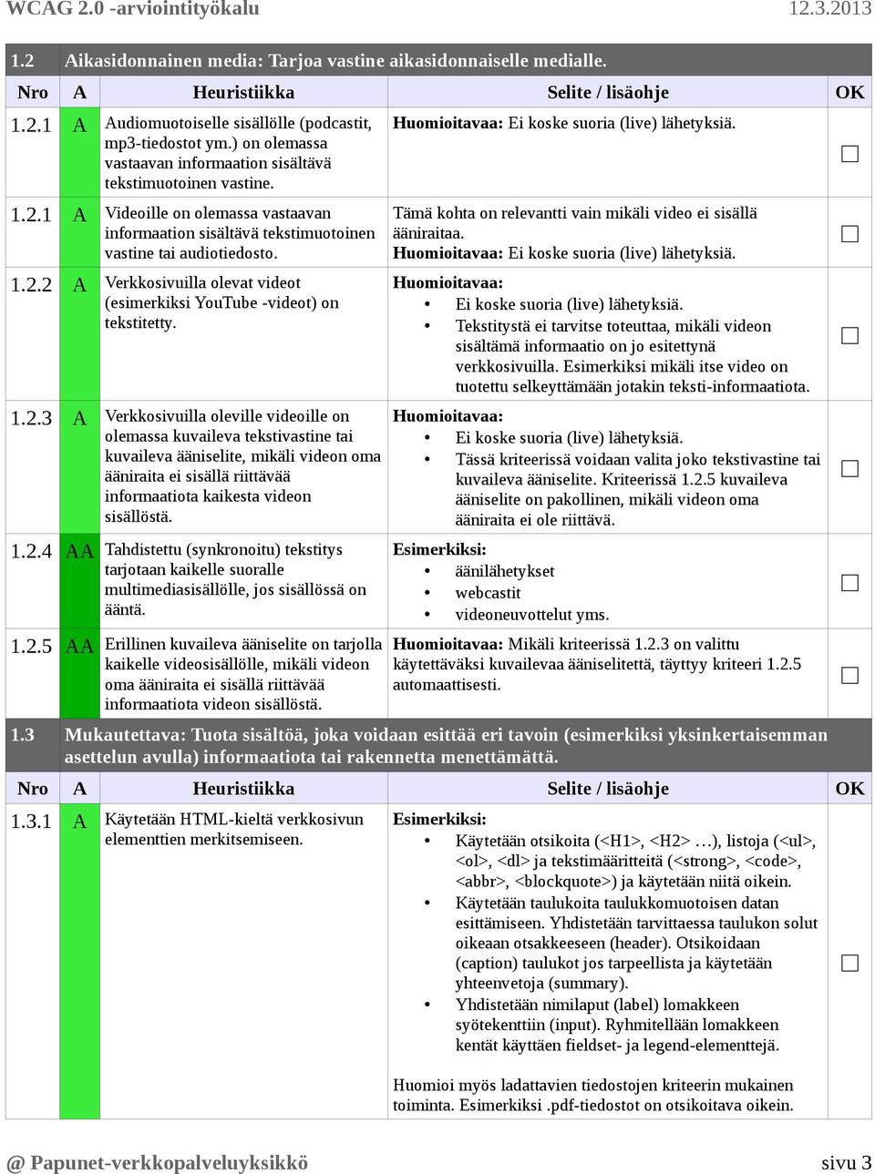 1.2.3 A Verkkosivuilla oleville videoille on olemassa kuvaileva tekstivastine tai kuvaileva ääniselite, mikäli videon oma ääniraita ei sisällä riittävää informaatiota kaikesta videon sisällöstä. 1.2.4 AA Tahdistettu (synkronoitu) tekstitys tarjotaan kaikelle suoralle multimediasisällölle, jos sisällössä on ääntä.