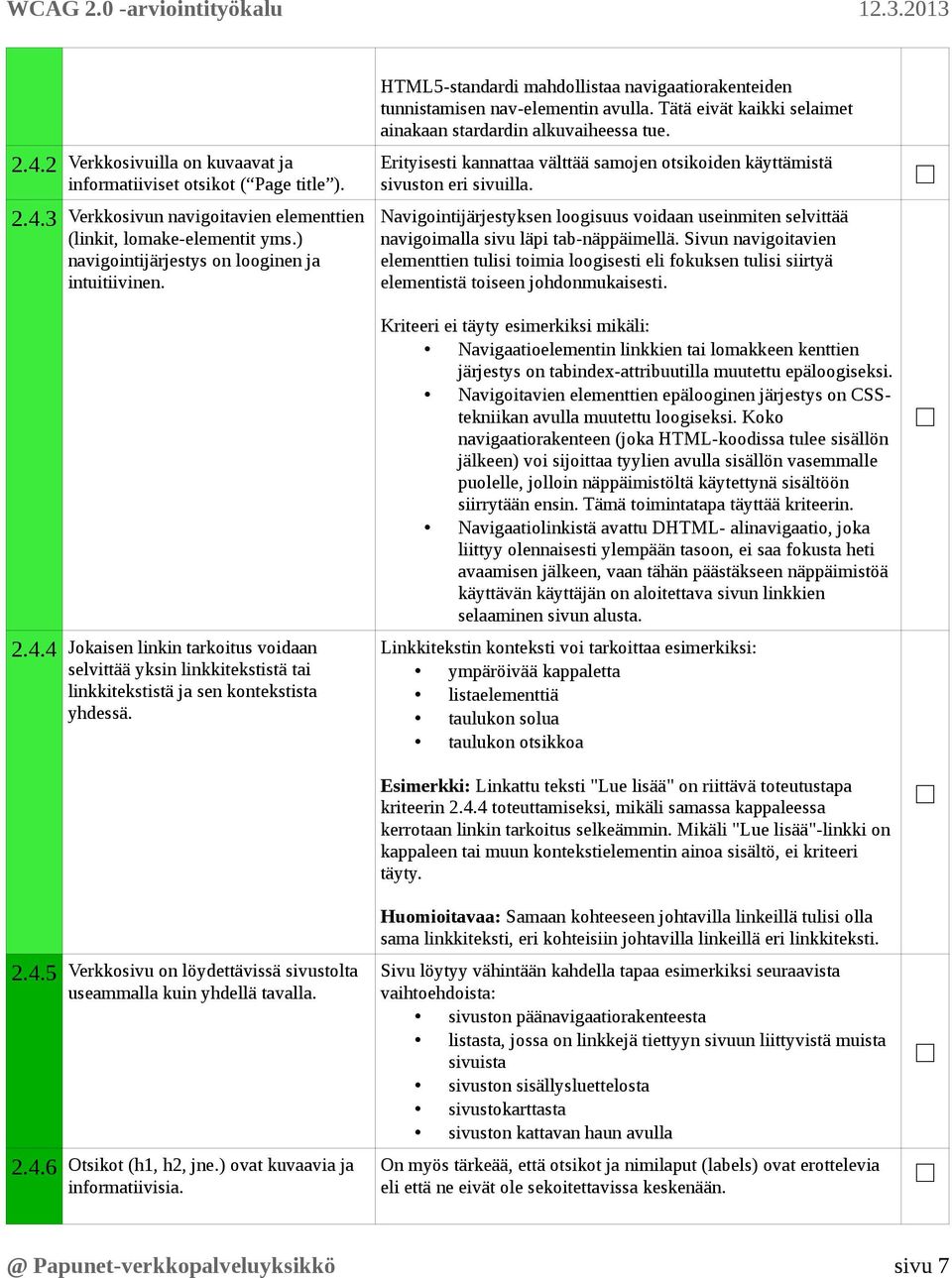 2.4.6 Otsikot (h1, h2, jne.) ovat kuvaavia ja informatiivisia. HTML5-standardi mahdollistaa navigaatiorakenteiden tunnistamisen nav-elementin avulla.