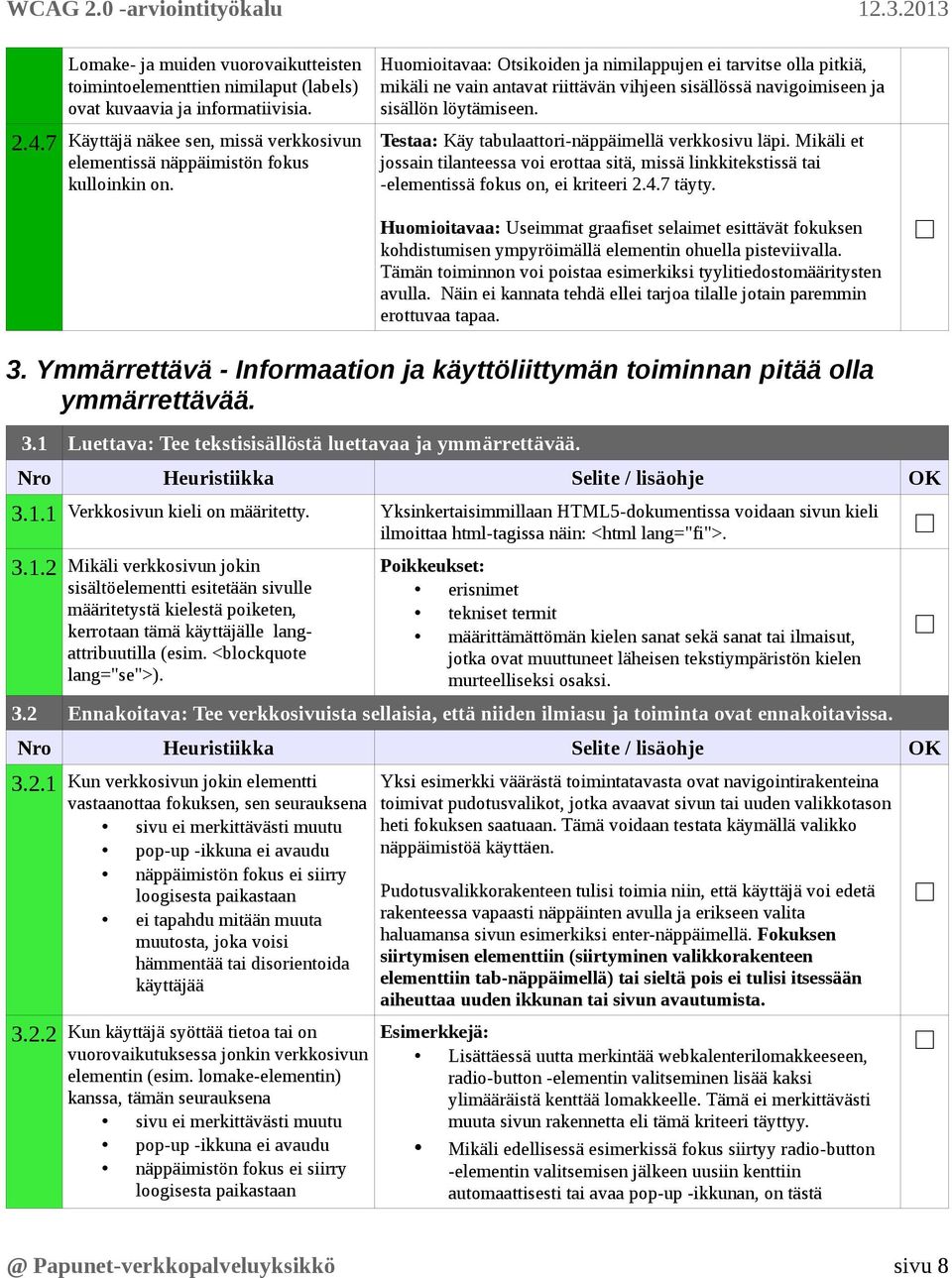 Testaa: Käy tabulaattori-näppäimellä verkkosivu läpi. Mikäli et jossain tilanteessa voi erottaa sitä, missä linkkitekstissä tai -elementissä fokus on, ei kriteeri 2.4.7 täyty.