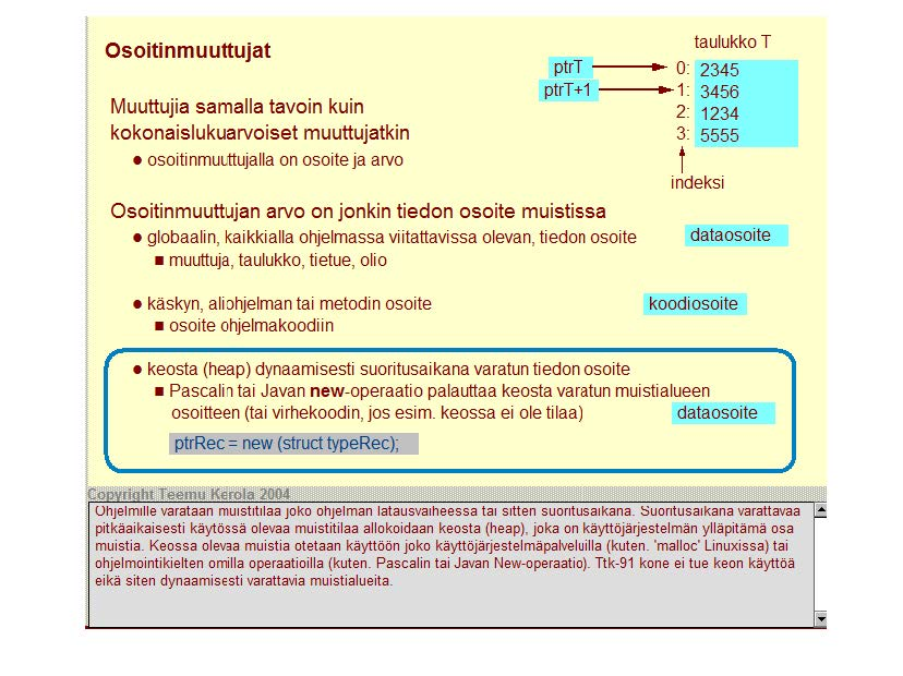 Osoitinmuuttujat Muuttujia samalla tavoin kuin kokonaislukuarvoiset muuttujatkin osoiti nmuuttujalla on osoite ja arvo Osoitinmuuttujan arvo on jonkin tiedon osoite muistissa globaalin, kaikkialla