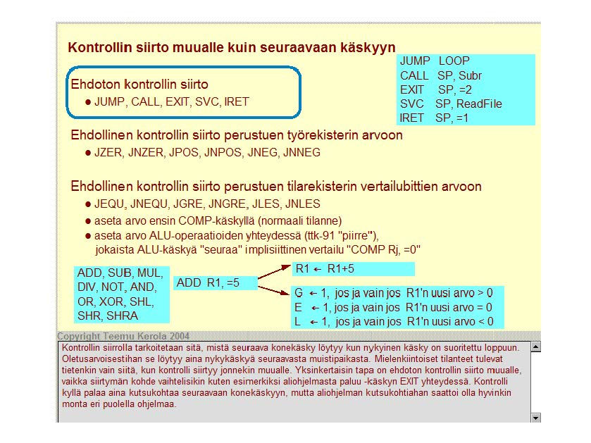 Kontrollin siirto muualle kuin seuraavaan käskyyn JUMP CALL EXIT LOOP SP, Subr SP =2 Ehdoton kontrollin siirto JUMP, CALL, EXIT, SVC, IRET ' SVC SP, ReadFile IRET SP, =1 Ehdollinen kontrollin siirto