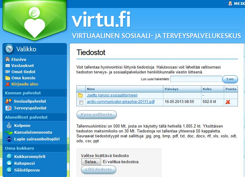 Oma kansio -palvelu Tavoite: Kehitetään jo olemassa olevaa viestien lähettämiseen ja vastaanottamiseen tarkoitettua virtuaalisen sosiaali- ja terveyspalvelukeskuksen asiointitiliä niin, että asiakas