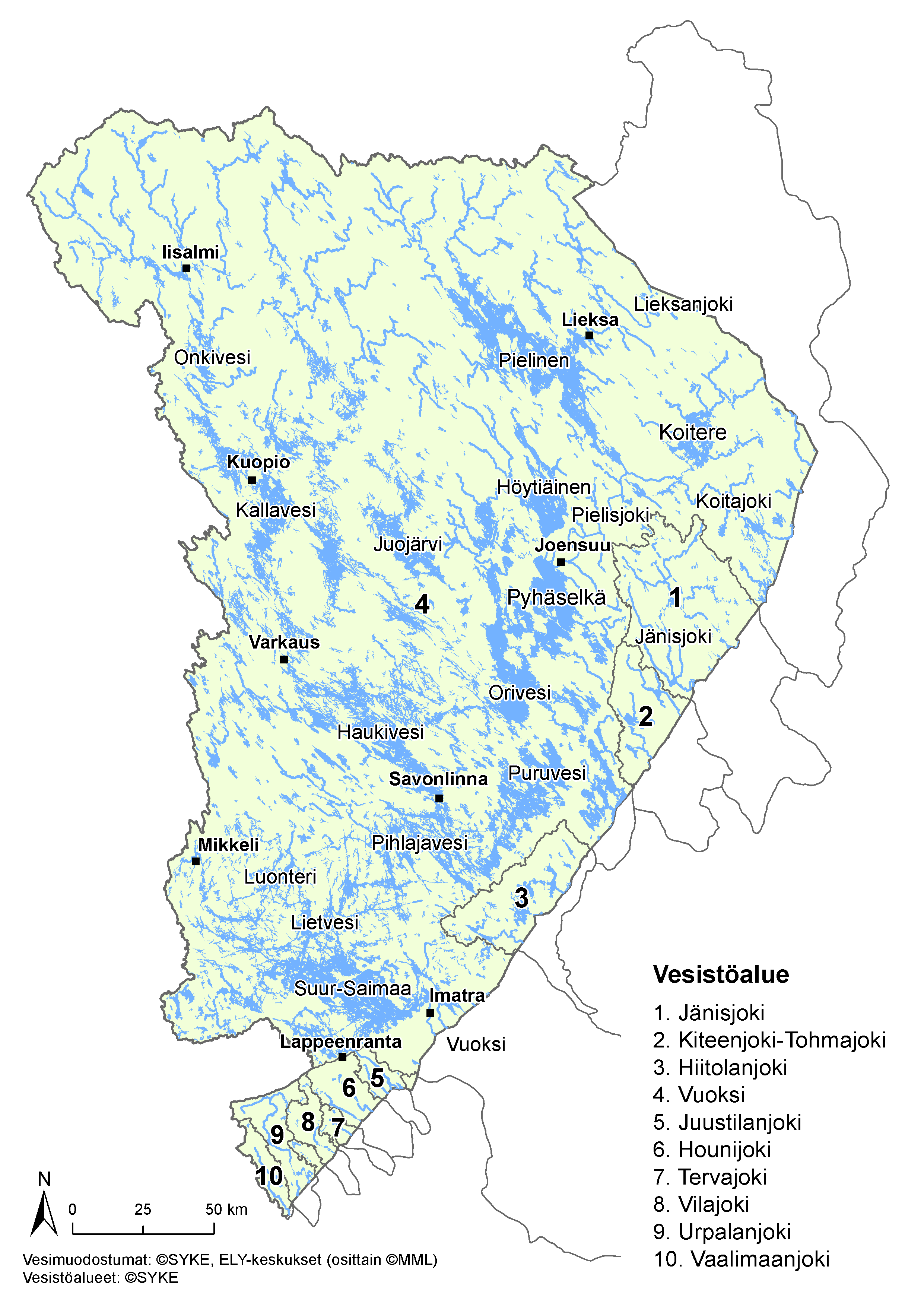 Laatokkaan (kuva 6). Vuoksen vesienhoitoalueeseen kuuluvat myös Kaakkois-Suomesta etelään laskevat jokivesistöalueet Juustilanjoki, Hounijoki, Tervajoki, Vilajoki, Urpalanjoki ja Vaalimaanjoki.