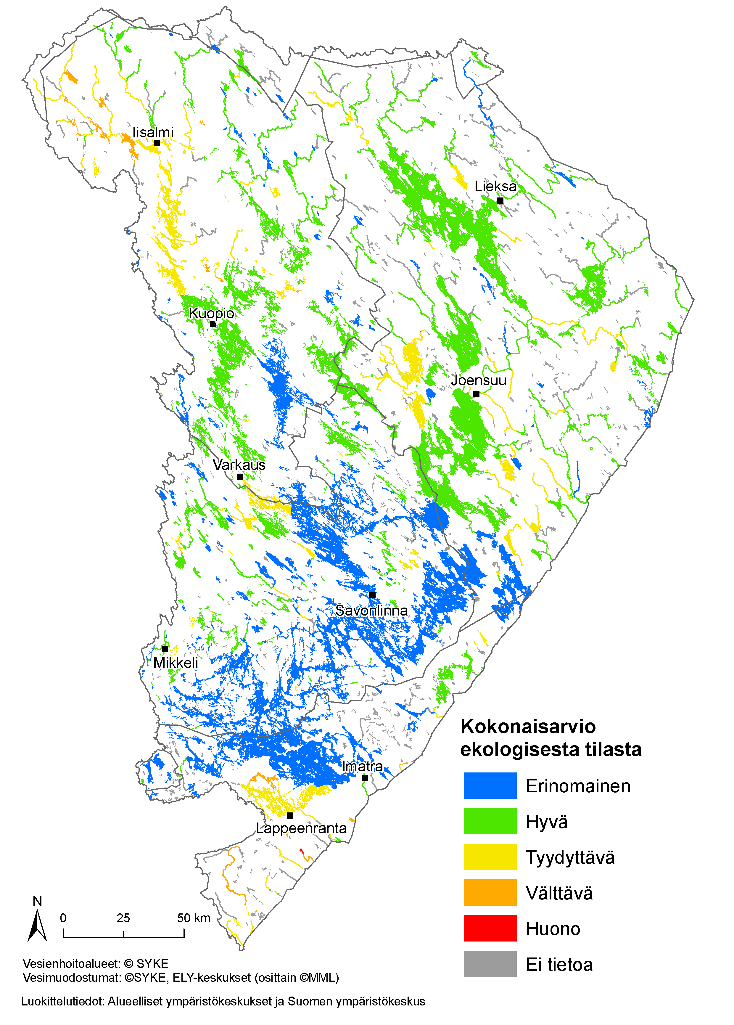 Mihin sijoittuvat ongelmallisimmat vedet Ensimmäinen kokonaisarvio pintavesien ekologisesta tilasta on laadittu vuonna 2009 (kuva 8).