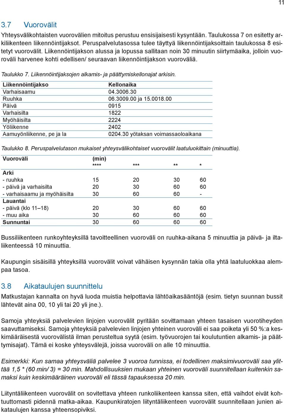 Liikennöintijakson alussa ja lopussa sallitaan noin 30 minuutin siirtymäaika, jolloin vuoroväli harvenee kohti edellisen/ seuraavan liikennöintijakson vuoroväliä. Taulukko 7.