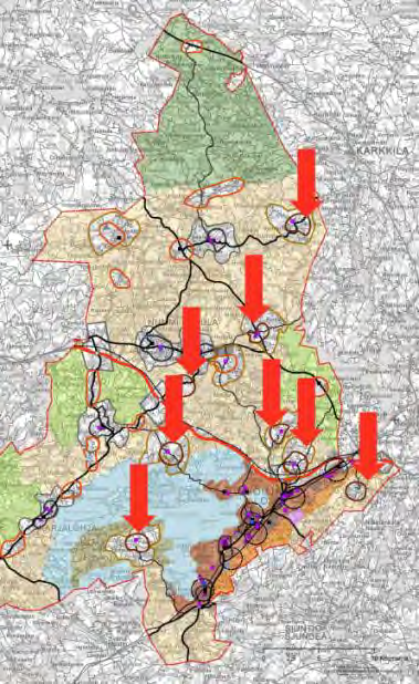 46 Alakeskuksen palvelujen vaikutusalue (Karjalohja, Sammatti, Nummi, Saukkola, Pusula) - Tavoite alakeskusten palvelujen saavutettavuus toteutuu kaikissa vaihtoehdoissa paitsi ei vaihtoehdossa 1