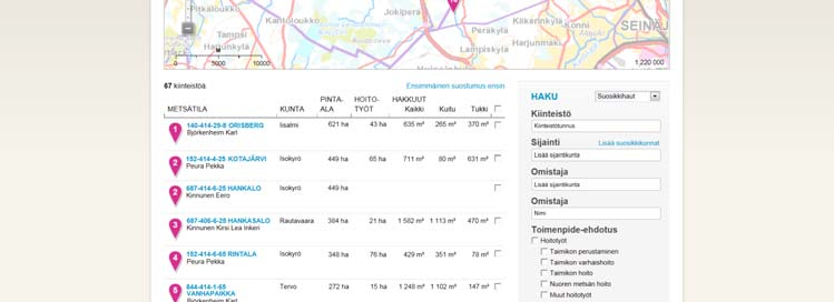 Hakutulokset kartalla Käyttöliittymämalli Suomen metsäkeskus 11 kehitysympäristöstä Hinnoittelu Palvelun hinta toimijalle 60