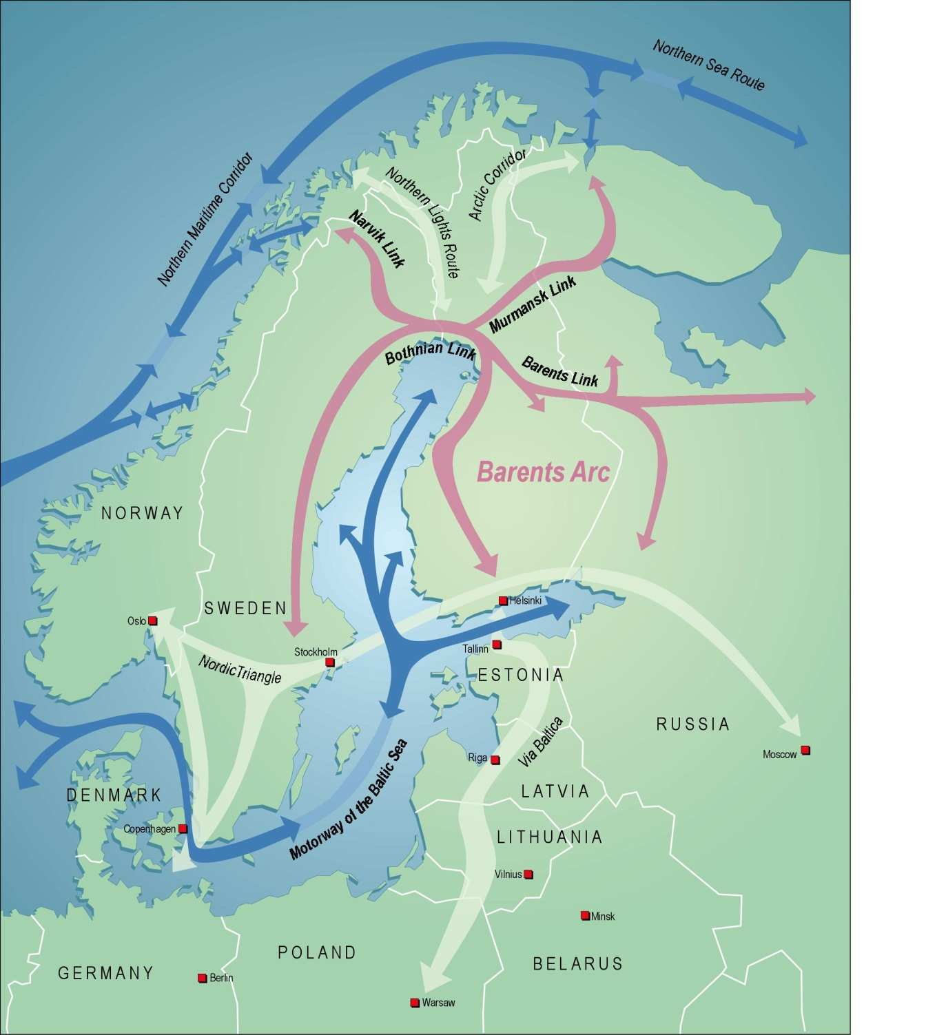 Barents Arc international traffic corridors in Northern Finland The Barents Arc is made up of several linked traffic corridors Barents Link Murmansk Link Bothnian Link Narvik Link A natural