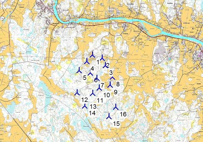 Project: Merkkikallio DECIBEL - Main Result Calculation: Torkkola V126 x 16 x HH137 Noise calculation model: ISO 9613-2 General Wind speed: 8,0 m/s Ground attenuation: General, Ground factor: 0,4