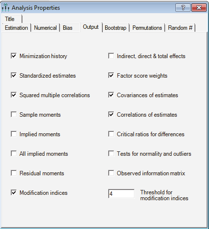 Välilehdeltä Output rastita kohdat Standardized estimates, Squared multiple correlations, Factor score weights,