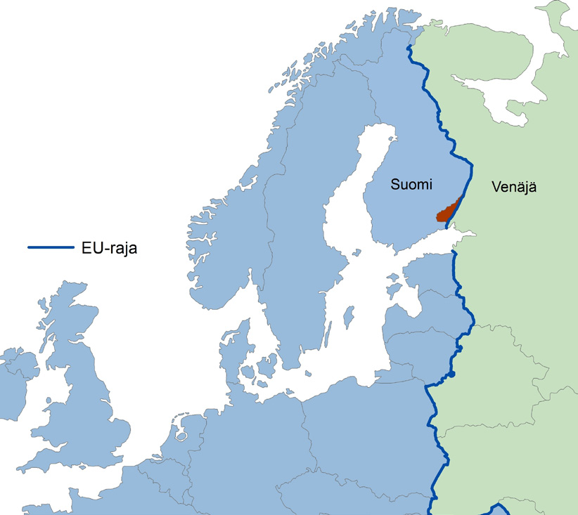 Kuva 4. Etelä-Karjalan asema on keskeinen EU:n ja Venäjän raja-alueella sekä Pietarin metropolin vaikutusalueella (Nordregio). Kuva 3. Etelä-Karjalan 1.vaihemaakuntakaavan kaava-alue ja kuntajako. 2.