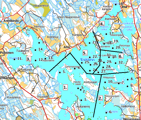 Verkkojen laskupaikat arvottiin etukäteen ruudutetulle kartalle (Olin ym. 2014). Verkot laskettiin illalla klo 19.00 ja nostettiin aamulla klo 07.00. Verkot laskettiin alueittain Evijärven laajuuden vuoksi (Kuva 2).
