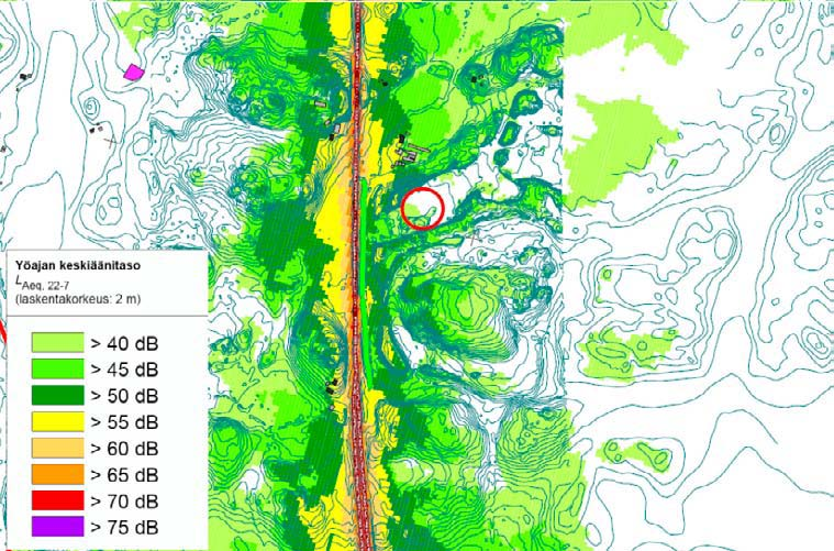 Kuva 6 63 Tieliikenteen L Aeq7-22 meluvyöhykkeet Palovuoren alueella (päivällä).