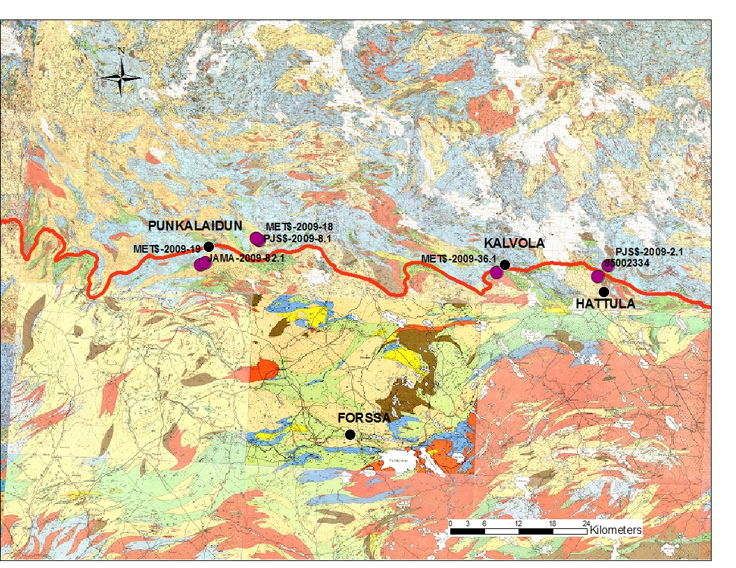 8 3.2.3 Mafiset vulkaniitit rajalla Tähän ryhmään luetaan ne mafiset vulkaniitit, jotka ovat oletetun terraanirajan välittömässä läheisyydessä, korkeintaan 5-6 km:n etäisyydellä siitä (Kuva 8).