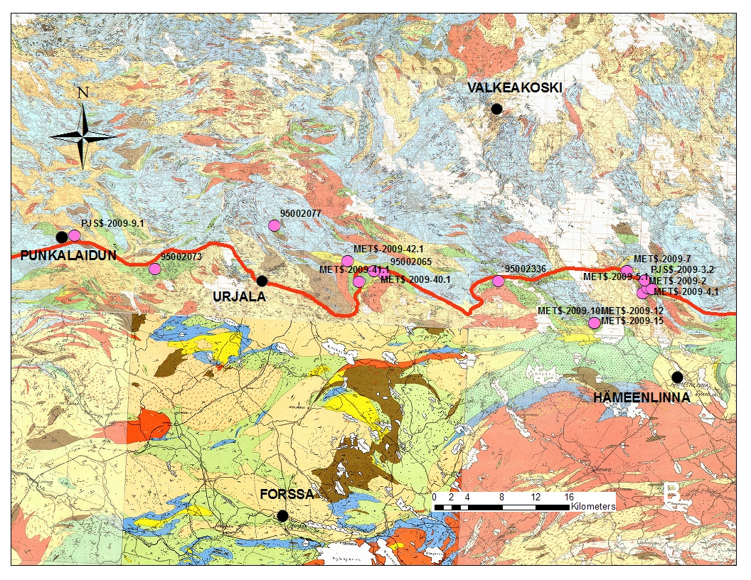 12 3.2.4 Intermediääriset vulkaniitit rajalla Tähän ryhmään luetaan ne intermediääriset vulkaniitit, jotka ovat oletetun terraanirajan välittömässä läheisyydessä, korkeintaan 5-6 km:n