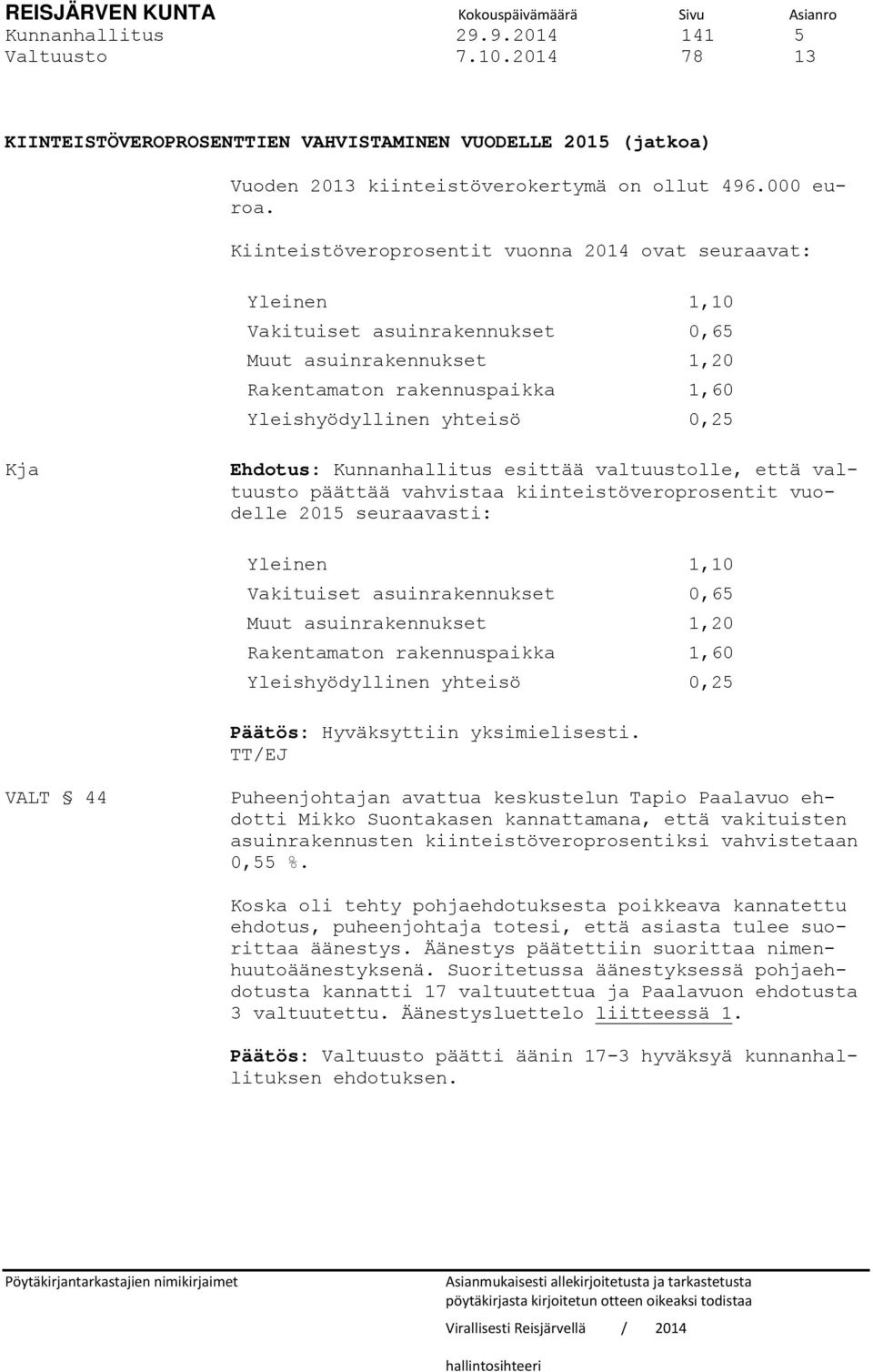 Kiinteistöveroprosentit vuonna 2014 ovat seuraavat: Yleinen 1,10 Vakituiset asuinrakennukset 0,65 Muut asuinrakennukset 1,20 Rakentamaton rakennuspaikka 1,60 Yleishyödyllinen yhteisö 0,25 Kja