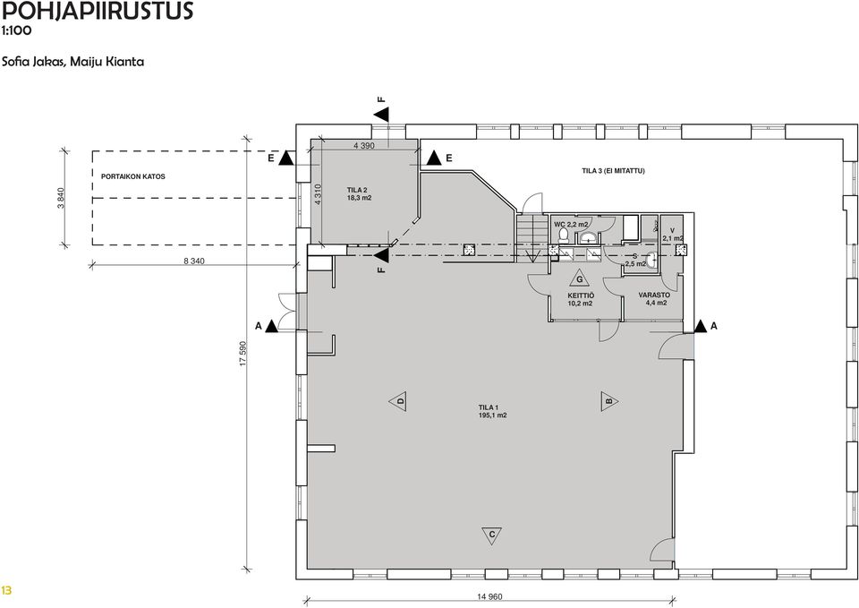 MITATTU) TILA 2 18,3 m2 WC 2,2 m2 V 2,1 m2 S 2,5 m2 F G