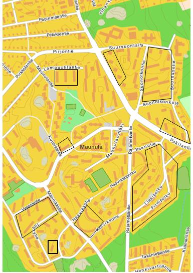 Kuva 13. Suuntaa-antava kartta siitä, mihin taloihin kyselyt Maunulassa jaettiin. Kyselylomake (liite 1) jakautui taustatietoihin sekä itse peruskorjaukseen liittyviin kysymyksiin.