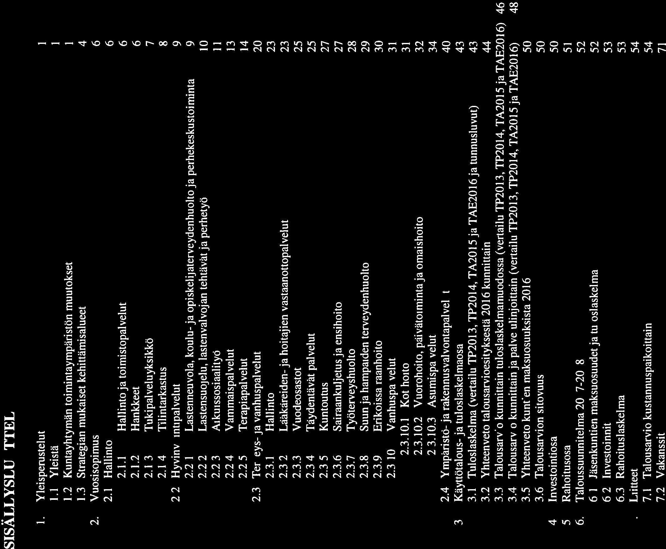 SISALLYSLUETTELO Yleisperustelut I 1.1 Yleistä 1 1.2 Kuntayhtyman toimintaympariston muutokset 1 1.3 Strategian mukaiset kehittamisalueet 4 2. Vuosisopimus 6 2.1 Hallinto 6 2.1.1 Hallintoja toimistopalvelut 6 2.