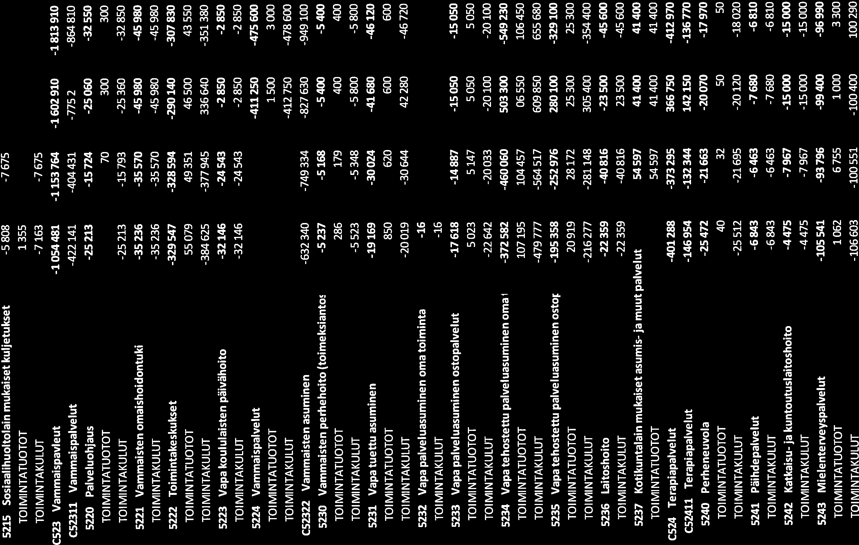 5215 Sosiaalihuoltolain mukaiset kuljetukset -5 808-7675 TOIMINTATUOTOT 1355 TOIMINTAKULUT -7163-7675 C523 Vammaispavleut -1054481-1153764 -1602910-1813910 C52311 Vammaispalvelut -422 141-404431