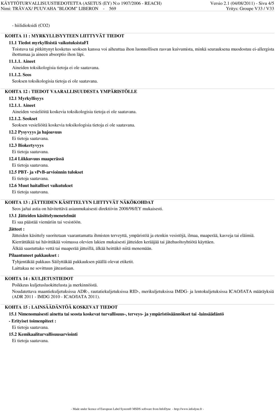 aineen absorptio ihon läpi. 11.1.1. Aineet Aineiden toksikologisia tietoja ei ole saatavana. 11.1.2. Seos Seoksen toksikologisia tietoja ei ole saatavana.