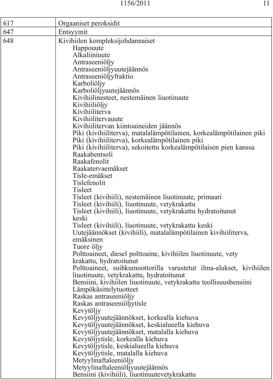 korkealämpötilainen piki Piki (kivihiiliterva), korkealämpötilainen piki Piki (kivihiiliterva), sekoitettu korkealämpötilaisen pien kanssa Raakabentsoli Raakafenolit Raakatervaemäkset Tisle-emäkset