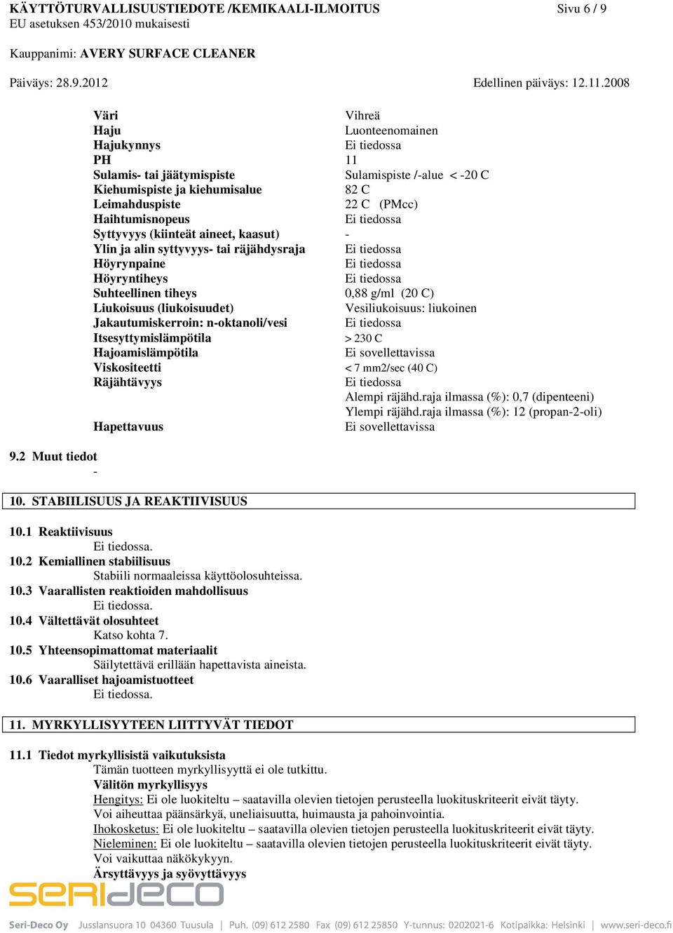 Syttyvyys (kiinteät aineet, kaasut) Ylin ja alin syttyvyys tai räjähdysraja Höyrynpaine Höyryntiheys Suhteellinen tiheys 0,88 g/ml (20 C) Liukoisuus (liukoisuudet) Vesiliukoisuus: liukoinen