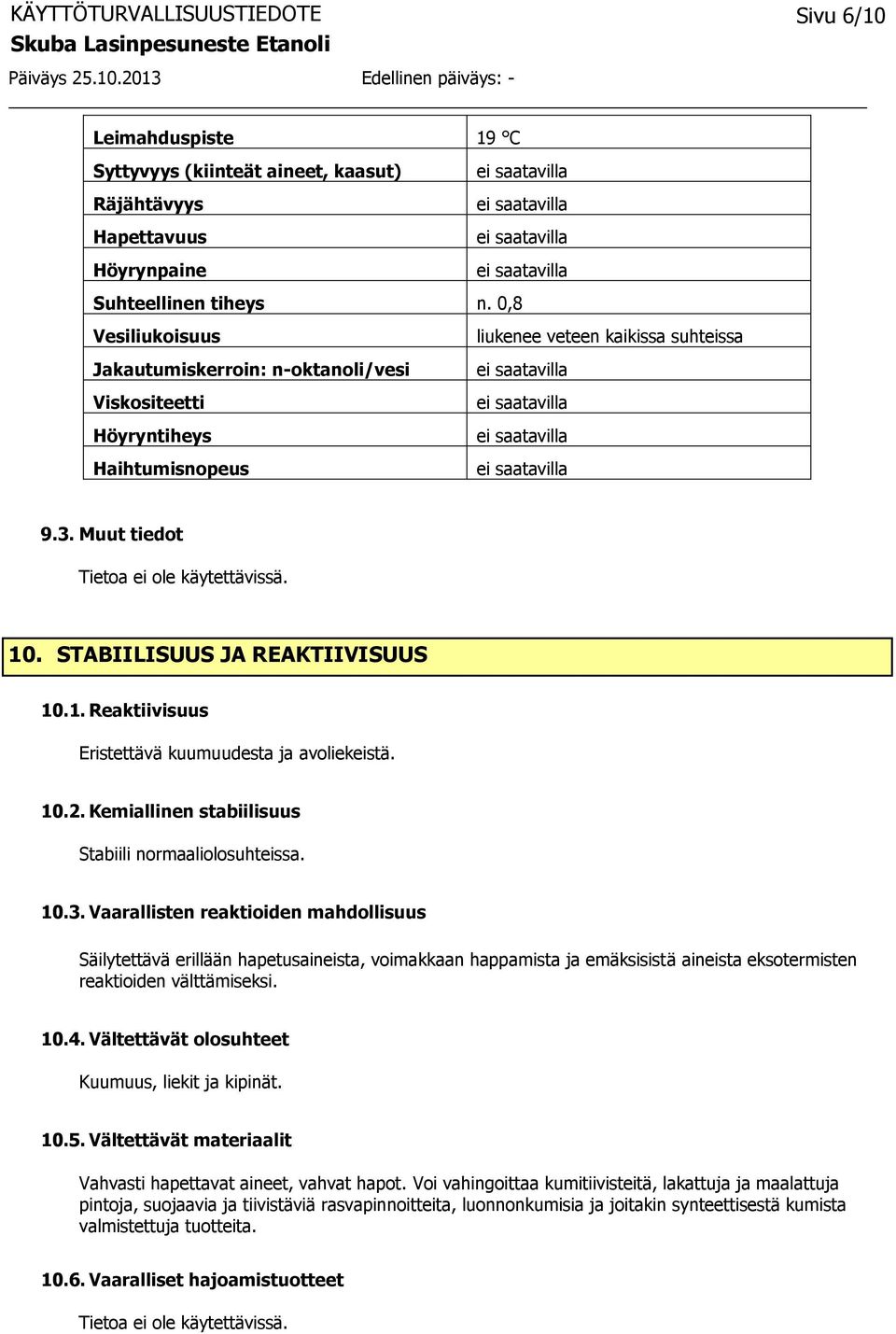 . STABIILISUUS JA REAKTIIVISUUS 10.1. Reaktiivisuus Eristettävä kuumuudesta ja avoliekeistä. 10.2. Kemiallinen stabiilisuus Stabiili normaaliolosuhteissa. 10.3.